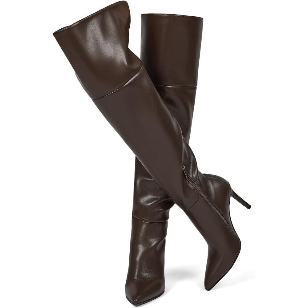 Women Chocolate Faux Leather Ponited Toe Zipper up Thigh High Stiletto Heel Boot